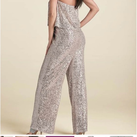 Sage Champagne Sequin Jumpsuit Women’s Small Strapless Wide Leg Party Holiday - Picture 2 of 6